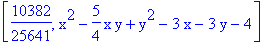 [10382/25641, x^2-5/4*x*y+y^2-3*x-3*y-4]